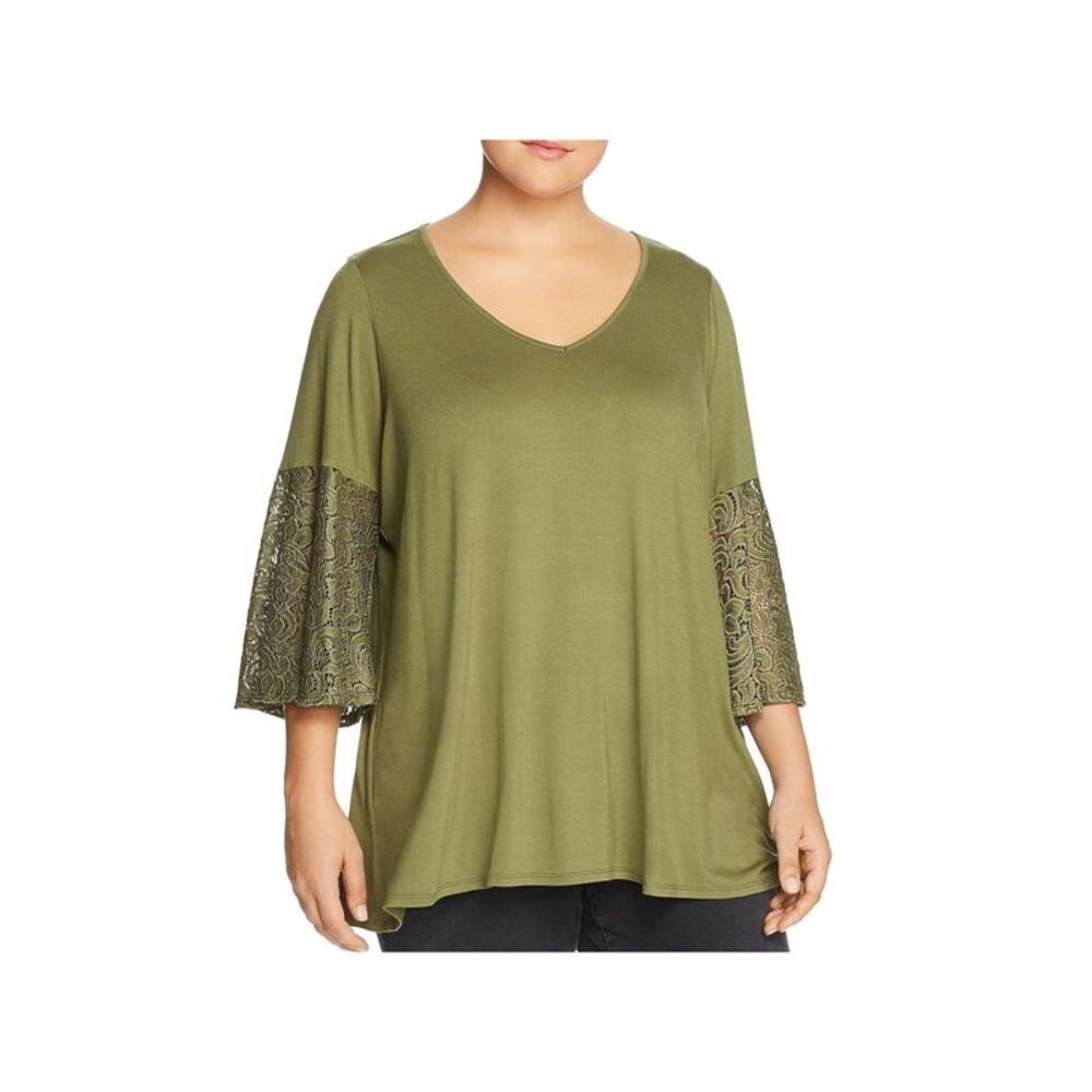 STATUS BY CHENAULT Womens Stretch Lace Pullover Styling Bell Sleeve V Neck Top